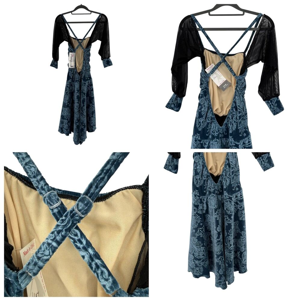 Pumpers Dance Dress L Blue Lyrical Costume Burnout Damask Mesh Sleeve Leotard - Picture 11 of 12